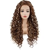 Meiyite Hair Curly Long 26inch Dark Brown and Blonde Mix Heavy Density Half Hand Tied Realistic Synthetic Lace Front Wigs