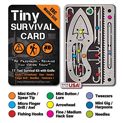 Tiny Survival Card Made in USA A 17 Tool Survival Kit + Knife Fits
