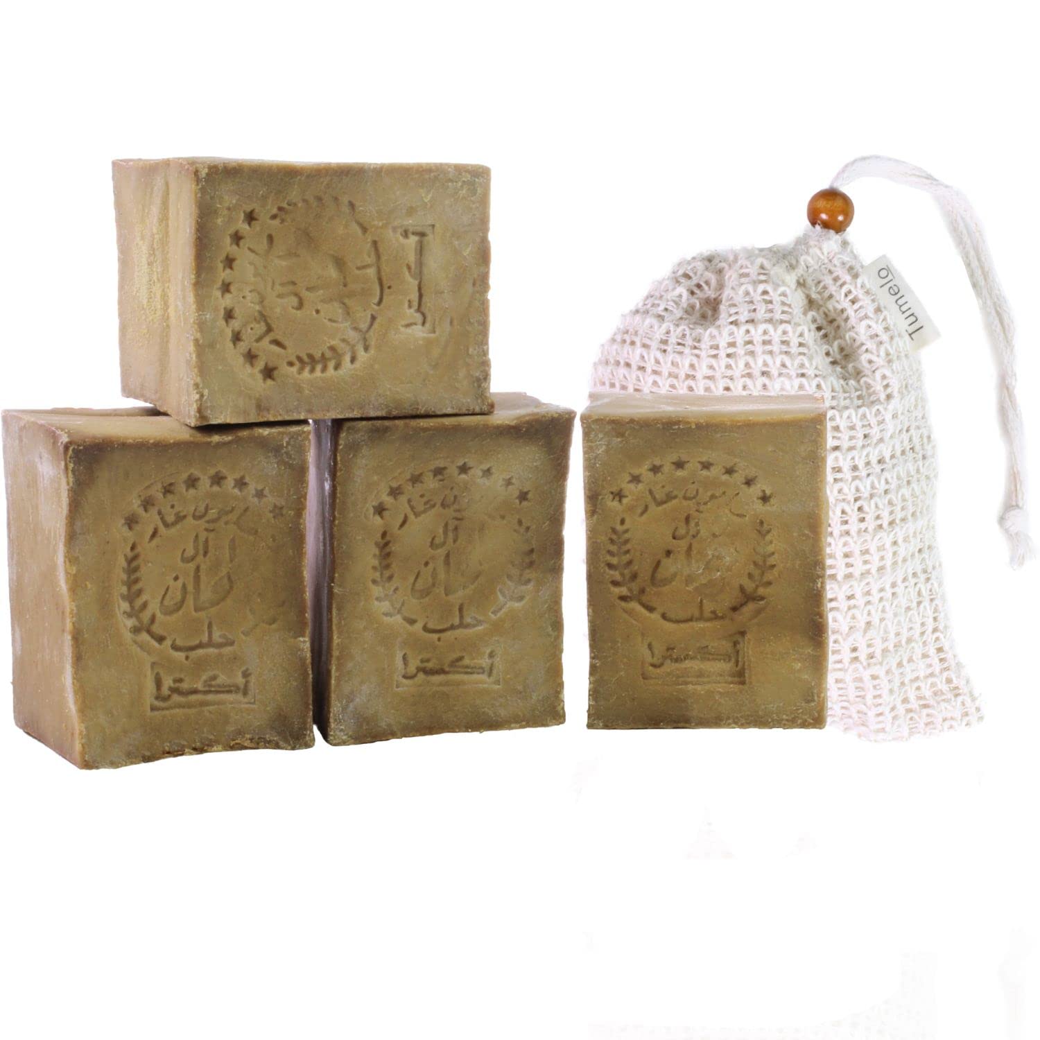 TUMELO Original Aleppo Soap 4 x 200g (800g) 95% Olive Oil 5% Laurel Oil + Soap Pouch - Handmade Olive Oil Soap - Natural Soap - Solid Hair Soap/Shower Soap