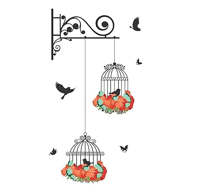 Decals Design Wall Sticker Hanging Birds Cage With Flowers