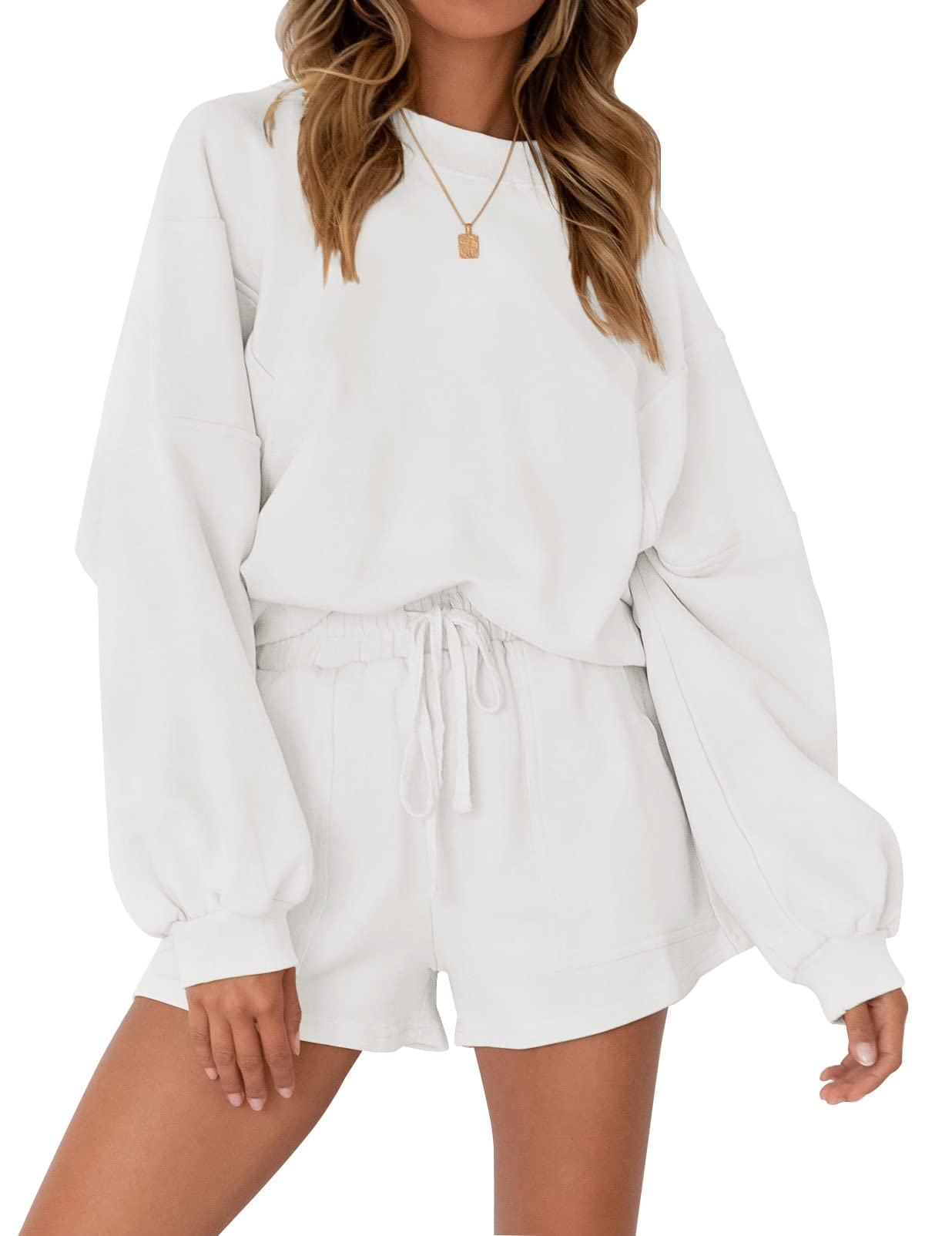 Photo 1 of **BOTTOMS ONLY***MEROKEETY Women's 2025 Fall Oversized Batwing Sleeve Lounge Sets Casual Top and Shorts 2 Piece Outfits Sweatsuit White, MEDIUM