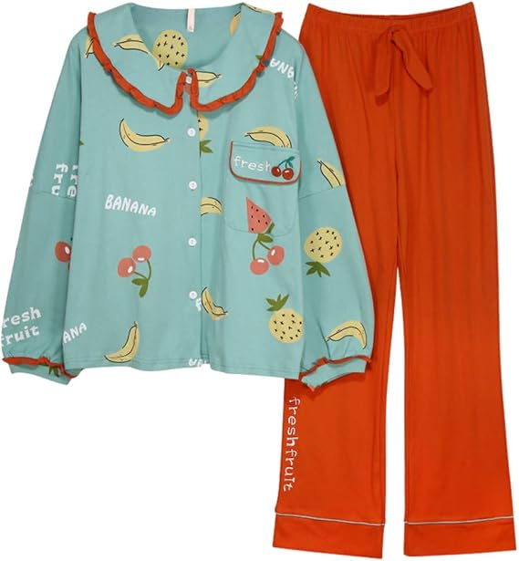 Amazon パジャマ レディース 上下セット 綿 ルームウェア 前開き 開襟 長袖 ルームパンツ ナイトウエア 部屋着 寝間着 寝巻き 女性 ガールズ 可愛い ゆったり 薄手 通気 柔らか 春秋 プレゼント セットアップ パジャマ ルームウェアセット 通販