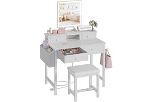 KAI-ROAD White Makeup Vanity Desk with Mirror and Lights, Vanity Set with Chair, Make Up Dresser Table with Drawers and Power Outlet for Girls Bedroom Small Space