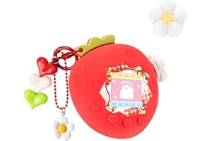 BUBBLELOGUS Strawberry Bubble Protective Case for Tamagotchi Paradise, Soft TPU Silicone Cover with Faceplate, Flower Shaped Zoom Dial Cap & Charms Set, Anti-Scratch & Waterproof (Red)