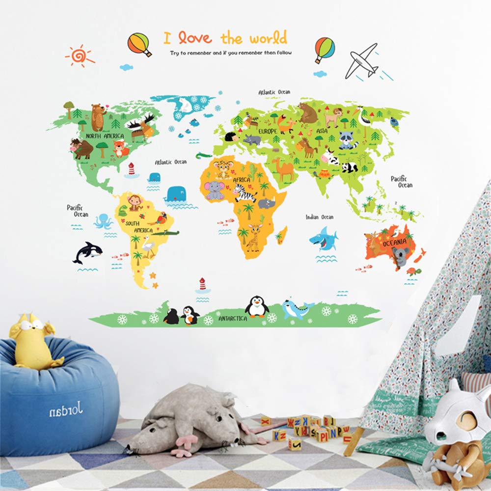 ufengke Cartoon World Map Cute Animal Wall Decals, Children's Room Nursery Removable Wall Stickers Murals
