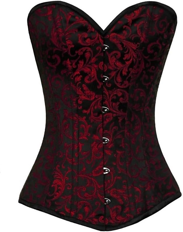 Red Black Brocade Waist Training Bustier Goth Steampunk Long Overbust Corset Top