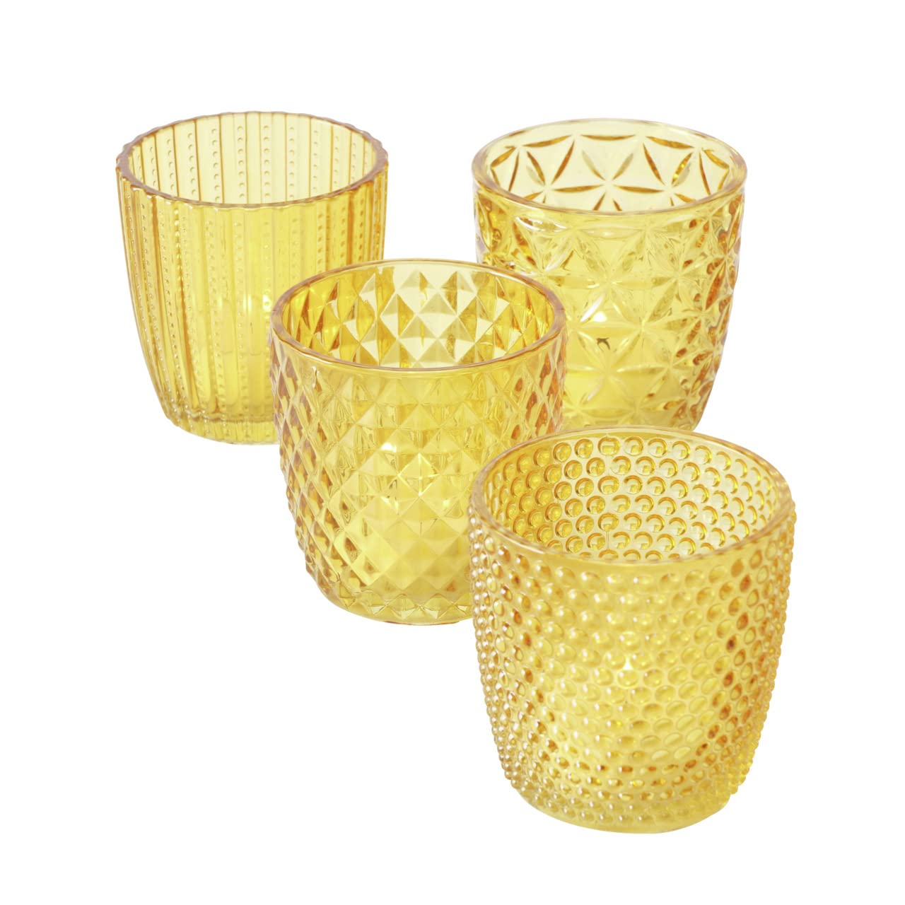 Boltze Marilu 2001878 Tea Light Holder Set of 4 (Yellow, Decorative Glasses for Candles/Tea Lights, Candle Holder, Diameter 8 cm, Various Patterns, Round Shape, Tea Light Holder)