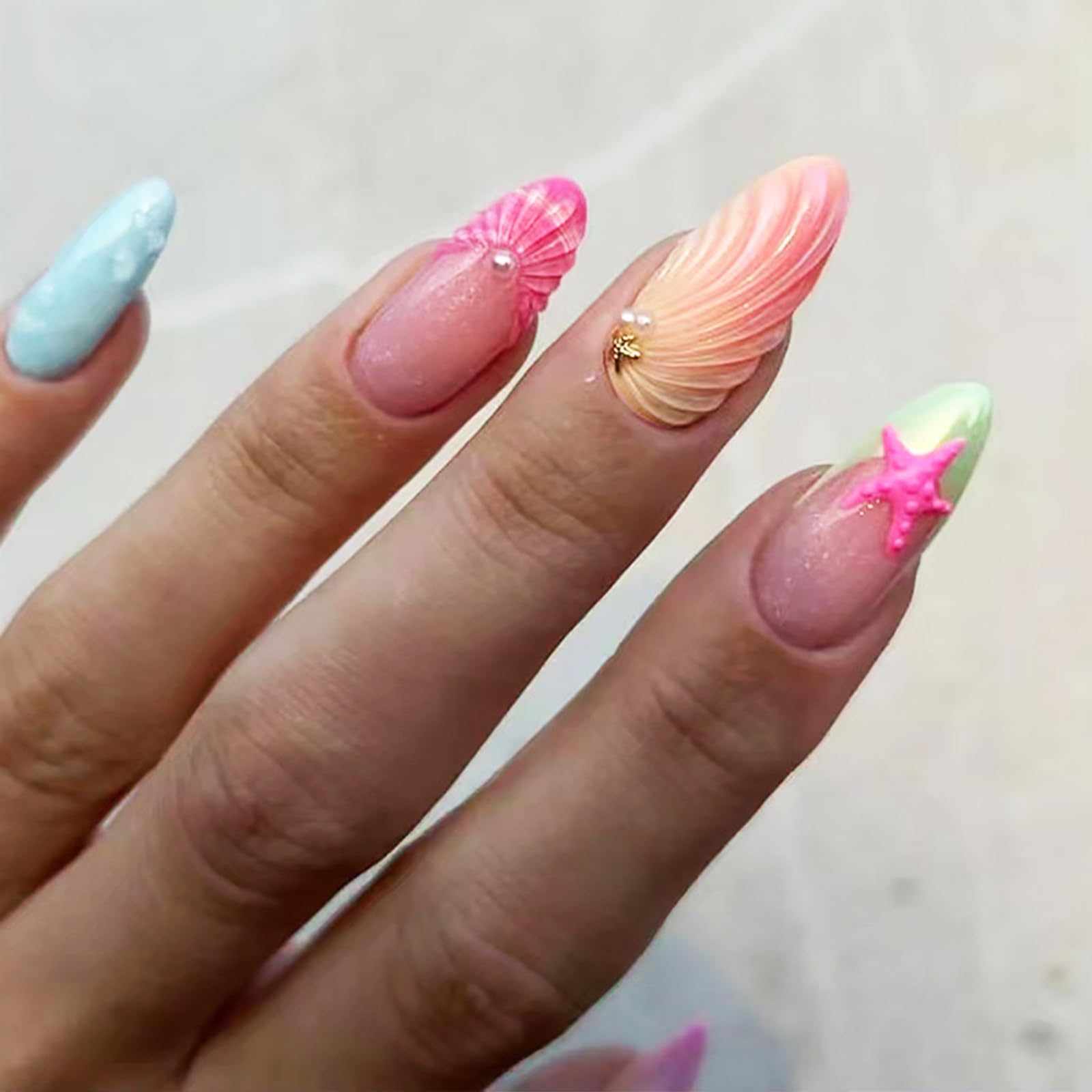 Green French Press on Nails 3D Curve Line Stick on Nails Ocean Shell Design Starfish Acrylic Fake Medium Almond Nails 24 Pcs Glossy Pink Gradient False Nails Stars Gel Glue on Nails for Women Girls