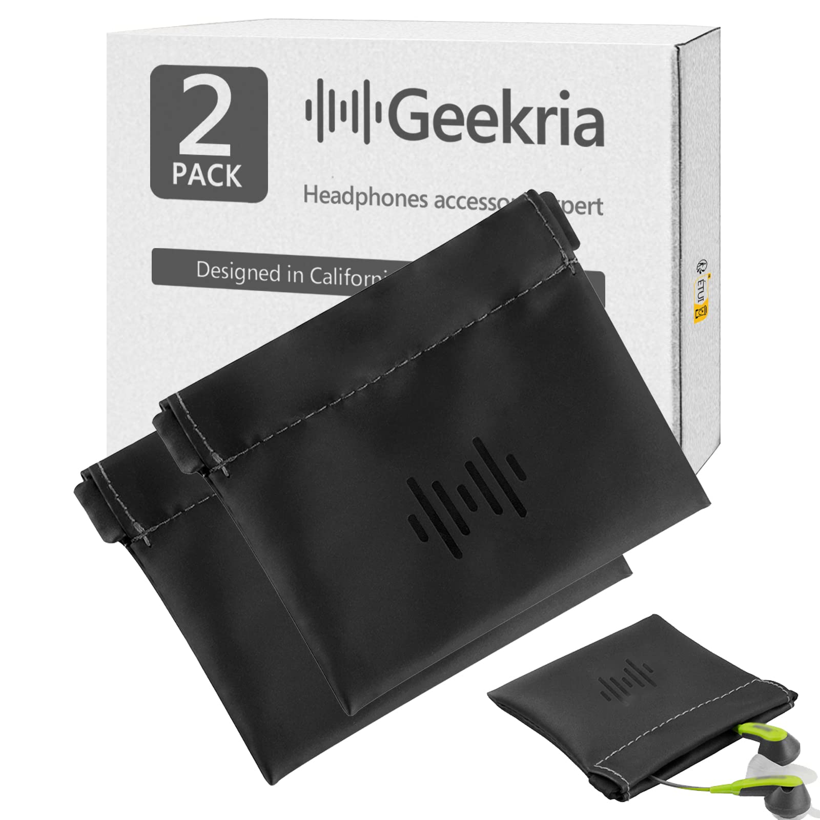 Geekria 2 Pack Sports Earbuds Pouch, Fitness Earbuds Protective Case, In-Ear Headphones Travel Bag Compatible with Beats Powerbeats 3, Apple EarPods, Jabra Sport Pulse (Black)