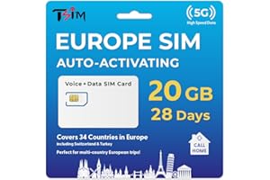 TSIM SIM Card for Europe Travel 28Days Holiday with CallHome & Hotspot Tethering. Unlimited Local Calls + 100 Minutes to USA. Auto-Activating. 5G Enabled. Roam in 34 Countries incl Switzerland, Turkey