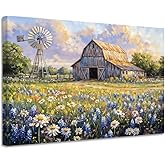 CGXLB Wildflowers Meadow Wall Art Farmhouse and Windmill Painting Rustic Country Decor Countryside Canvas Art Framed Rural Artwork for Living Room Bedroom Kitchen 12"x18"