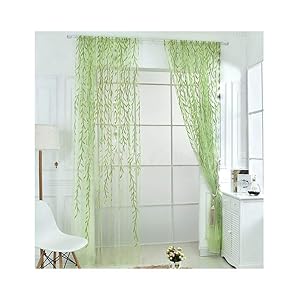 Rely2016 2 Pieces Green Color Willow Voile Tulle Room Window Curtain Salix Leaf Sheer Voile Panel Drapes Curtain (100 x 200cm)