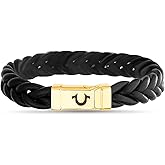 True Religion Simulated Black Leather Horseshoe 12mm Thick Braded ID Style 9 Inch Long Bracelet for Men 14K Yellow Gold Plated Brass