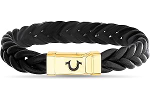 True Religion Simulated Black Leather Horseshoe 12mm Thick Braded ID Style 9 Inch Long Bracelet for Men 14K Yellow Gold Plated Brass