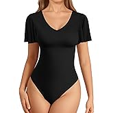 MANGOPOP Women's V Neck Short Sleeve Bodysuits Ruffle Puff Sleeve Body suit Sexy Going Out Tops