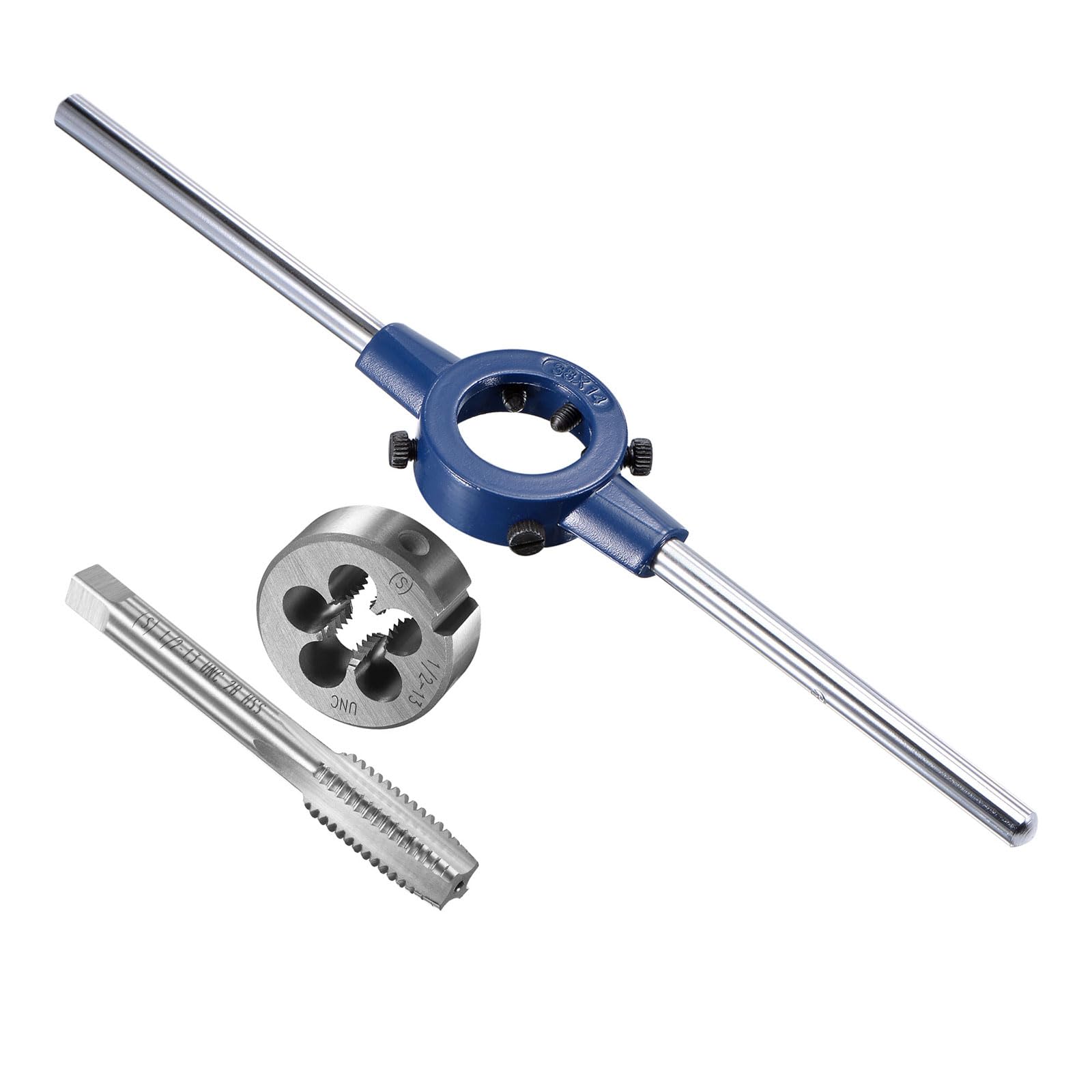 CoCud Tap and Die Stock Handle Set, 1/2-13 UNC Die & Fit 26mm-38mm OD / M12-M16 Die, High Speed Steel Thread Tapping and Wrench Tool Kit - (Applications: for Threading Repairing)