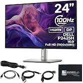 Dell P2425H Computer Monitor Screen 24" 16:9 IPS Display with Stand - 1 Year Warranty, 100Hz Full HD, 1920 x 1080 with Power Cable, Anyhdd DisplayPort, HDMI, USB 3.0 Upstream Cable &amp; Cloth - New
