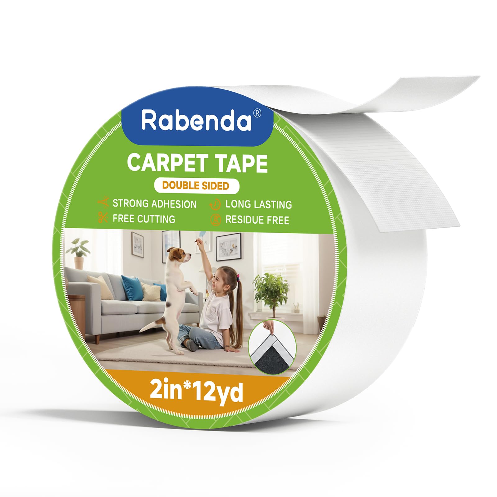 Rabenda Double Sided Carpet Tape - 2 Inch x 12 Yards Removable Rug Tape for Hardwood Floors, Tile & Laminate - No Residue Strong Hold Anti Slip Gripper for Area Rugs, Mats & Carpets