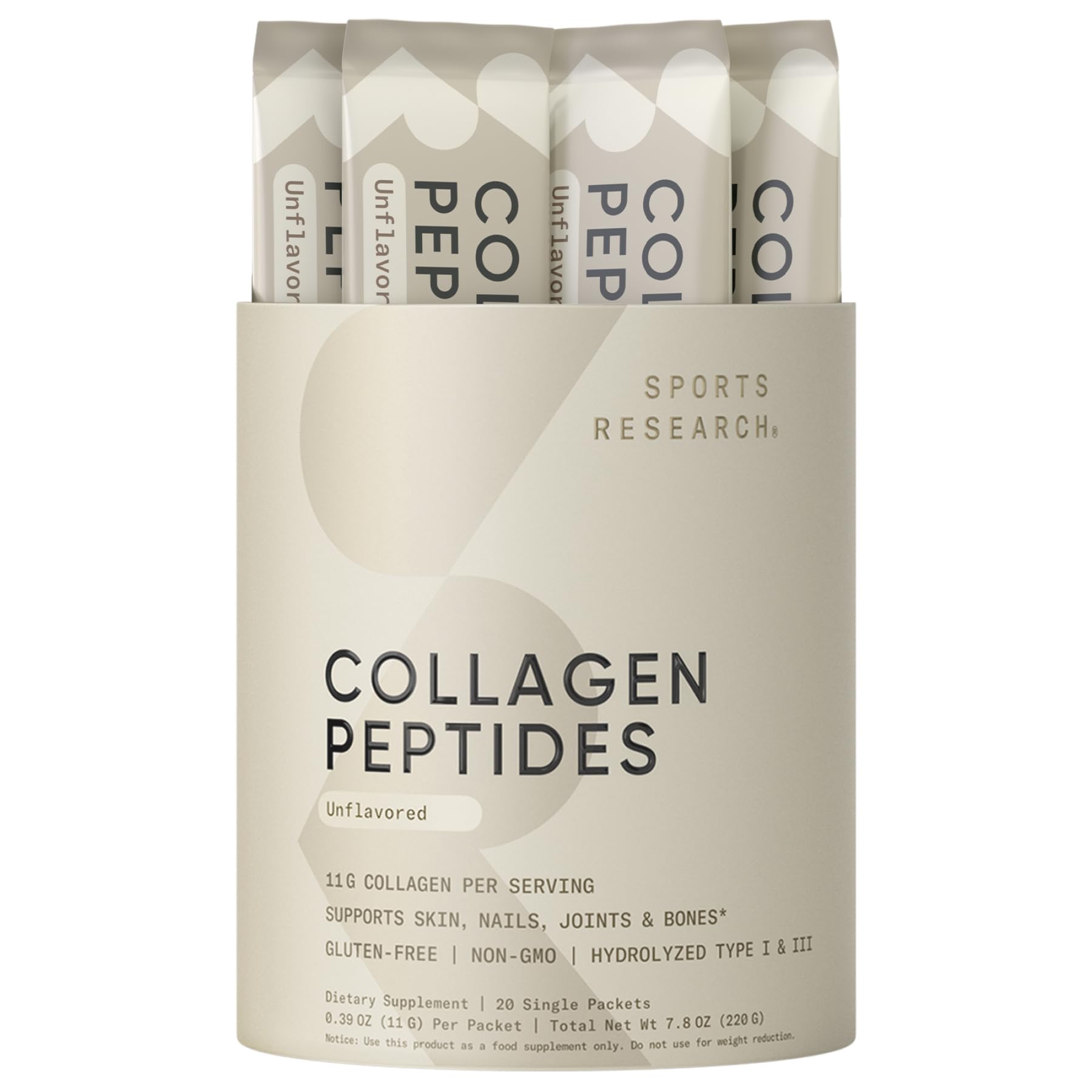 Sports Research Collagen Peptides - Hydrolyzed Type 1 & 3 Collagen Powder Protein Supplement for Healthy Skin, Nails, & Joints - Easy Mixing Vital Nutrients & Proteins, Collagen for Women & Men