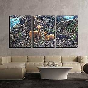 3 Piece Canvas Wall Art - Oil Painting on Canval - Deer in The Forest - Modern Home Art Stretched and Framed Ready to Hang - 16"x24"x3 Panels