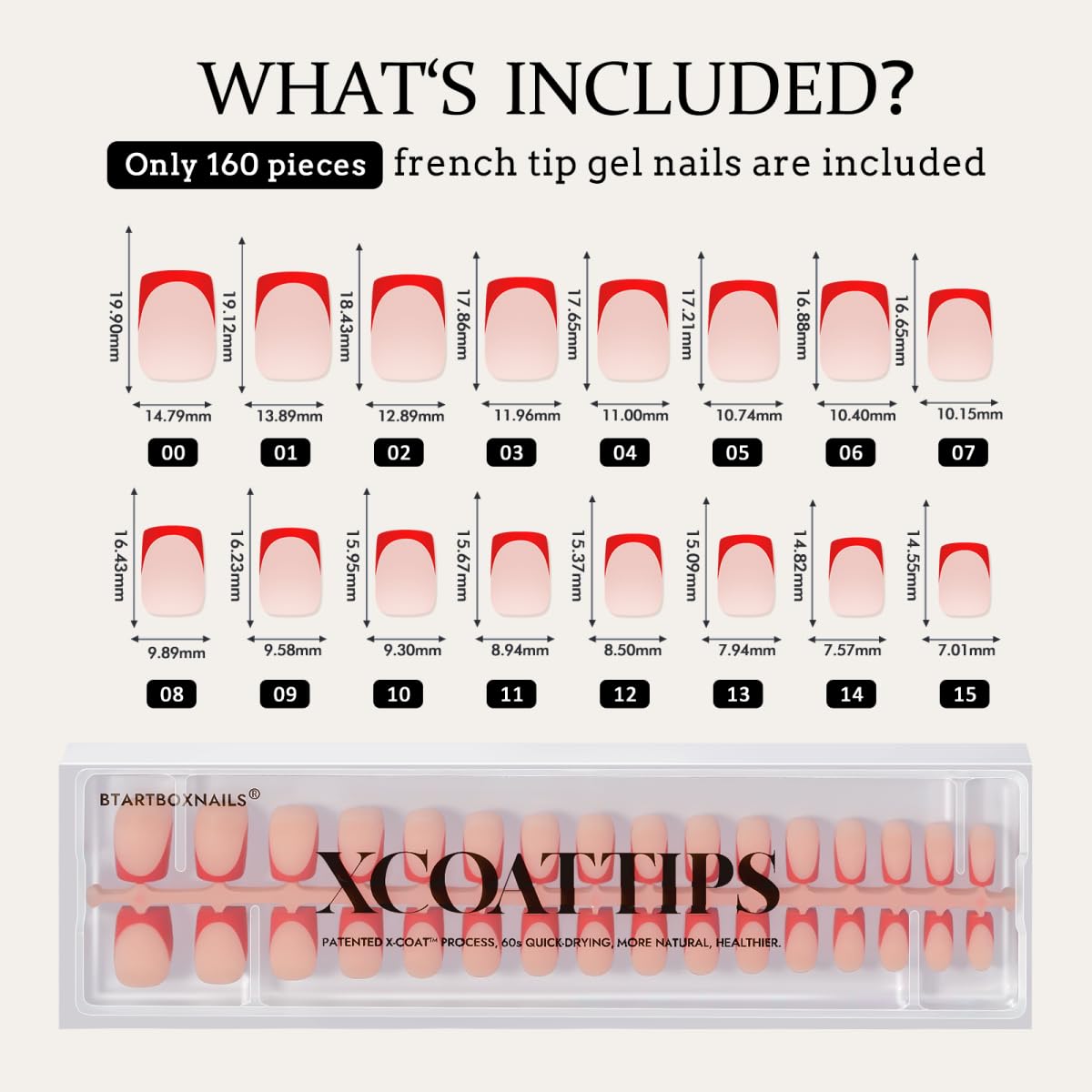 BTArtboxnails XCOATTIPS French Tip Press on Nails - Red Press On Nails Short, Square Fake Nails, 160Pcs Soak Off Soft Gel Acrylic Nail Extension in 16 Sizes - Image 7