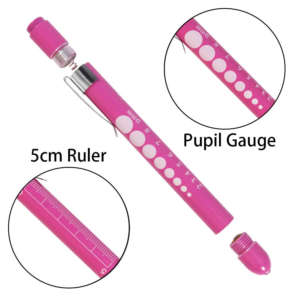Aokin Pen Light with Pupil Gauge, Reusable LED Penlight Medical for Doctor Nurse Diagnostic etc, White Light, Rose and Purple