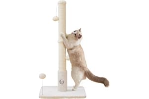 Woochpet Cat Scratching Posts 33" for Adults Cats, Cat Scratcher with Soft Fabric Covering Base and Durable Sisal Rope, Scratcher with Fun Mouse Hole and Cat Toy for Tall Cats (White)