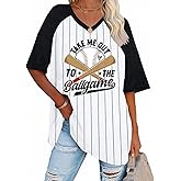 Baseball Mom Shirts for Women - Oversized V Neck Baseball Jersey Shirt Stripe Graphic Print Casual Tops Tees