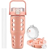 MUKOKO 32 oz Glass Tumbler with Straw,Glass Water Bottles with Time Marker,Iced Coffee Cup with Silicone Sleeve,Motivational Drinking Bottles,Leakproof-Coral Pink