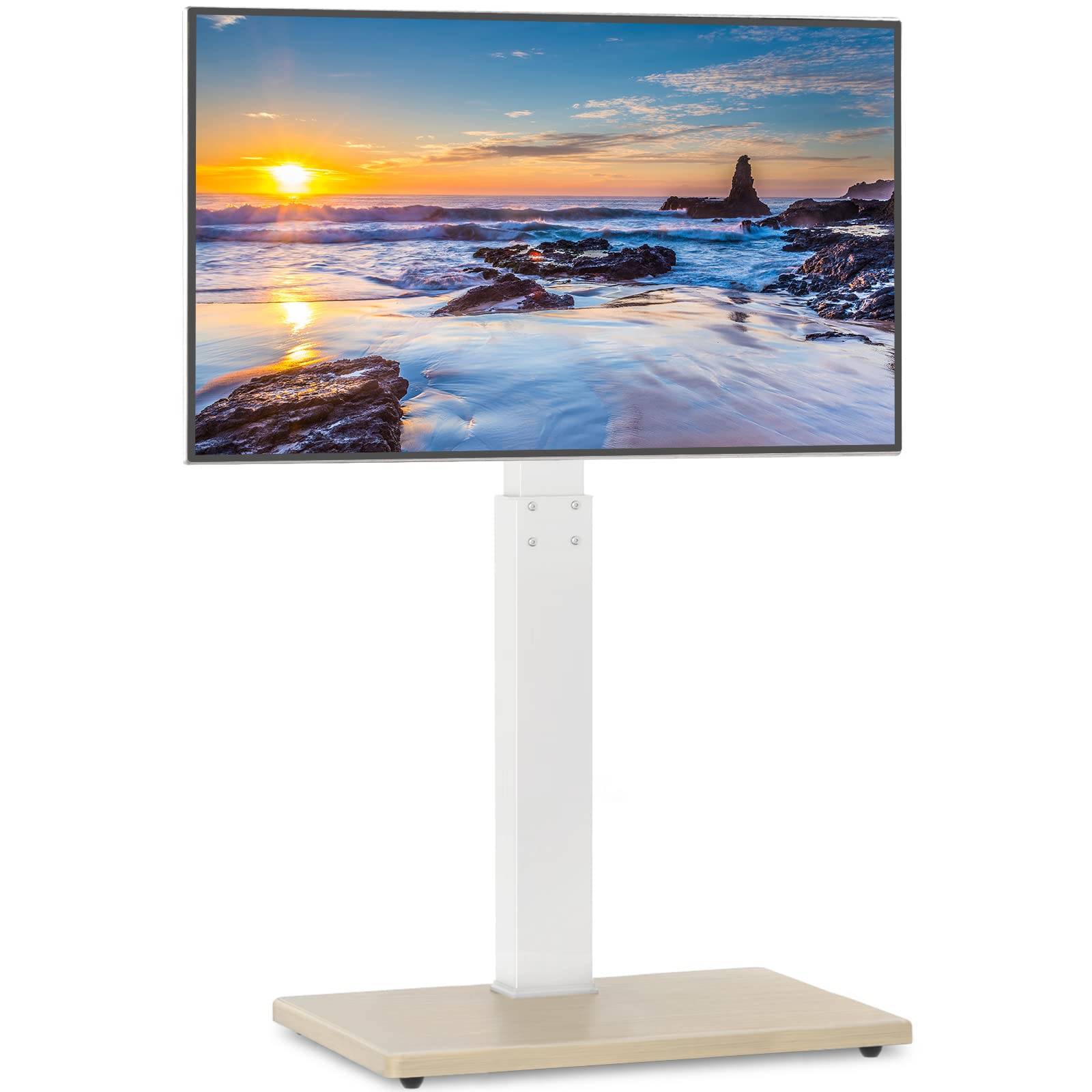 TV Floor Stand for 32-75 Inch Plasma LCD LED OLED Flat Panel or Curved Screen TVs, Swivel TV Stand Mount with Height Adjustment and Sturdy Wood Base, White