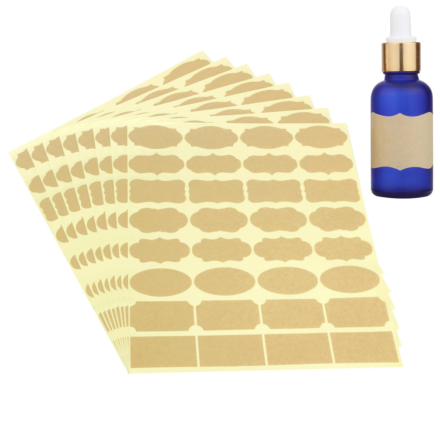 Wisdompro Fancy Shape Kraft Label Stickers, 256 Pcs Self Adhesive Gift Tag Stickers, Blank Sticky Labels for Essential Oil Bottles, Spice/Jam Jars, Food Containers - Small