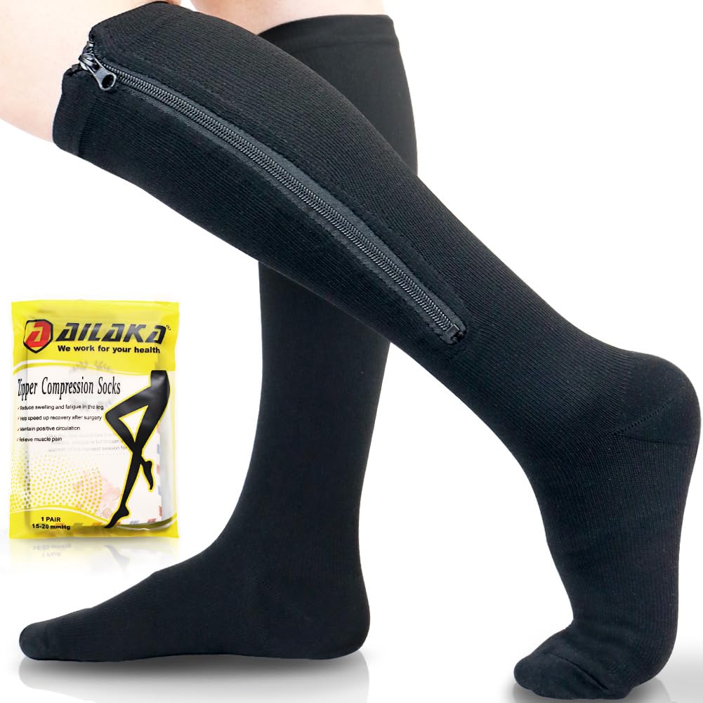 Ailaka 15-20 mmHg Zipper Compression Socks for Women Men, Closed Toe Support Graduated Medical Varicose Veins Hosiery, Perfect for Athletics, Running, Flight Travel, Support, Edema, Pregnancy