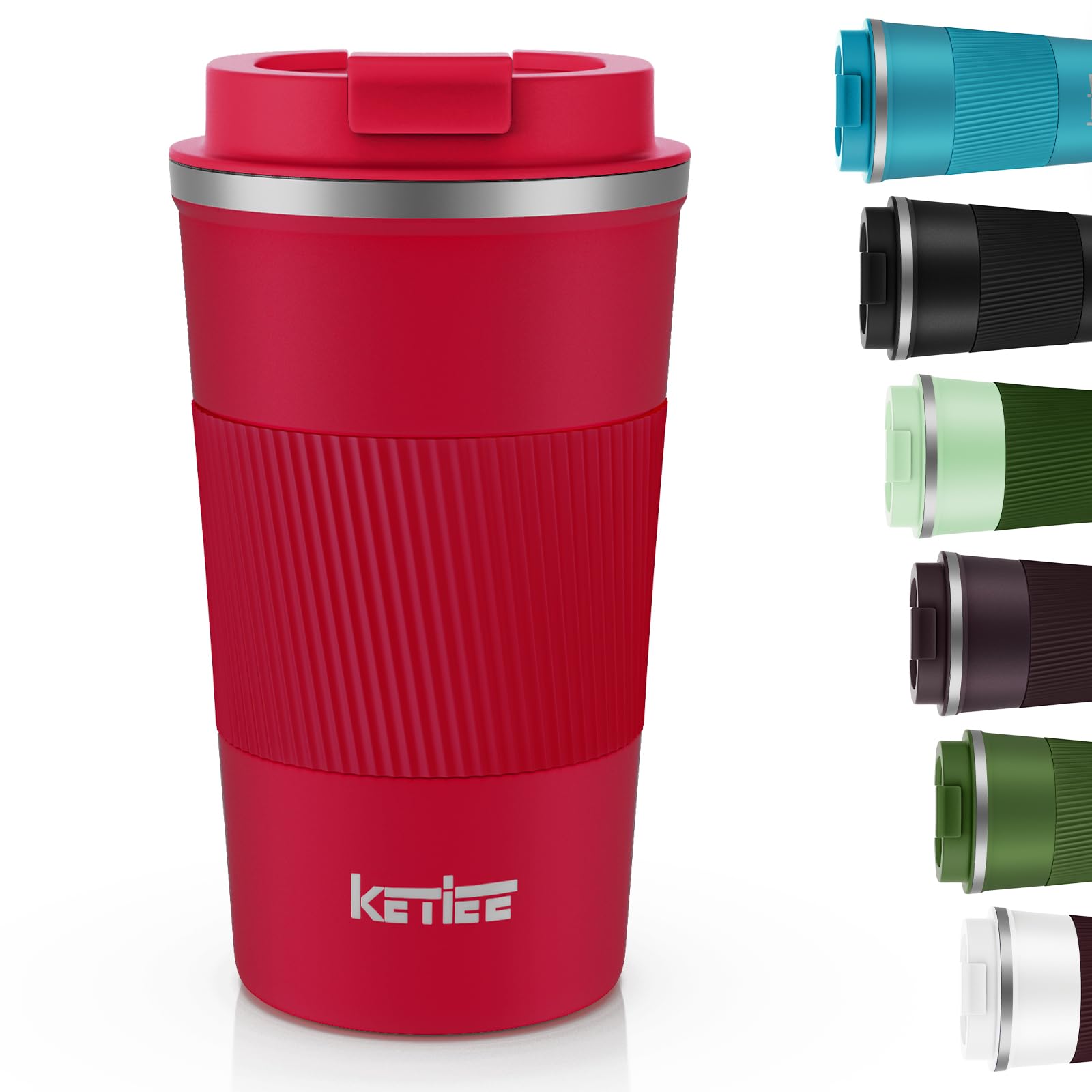 KETIEE 510ml Insulated Travel Mug With Leakproof Lid - Double Walled Stainless Steel Cup for Hot and Cold Drinks, Red