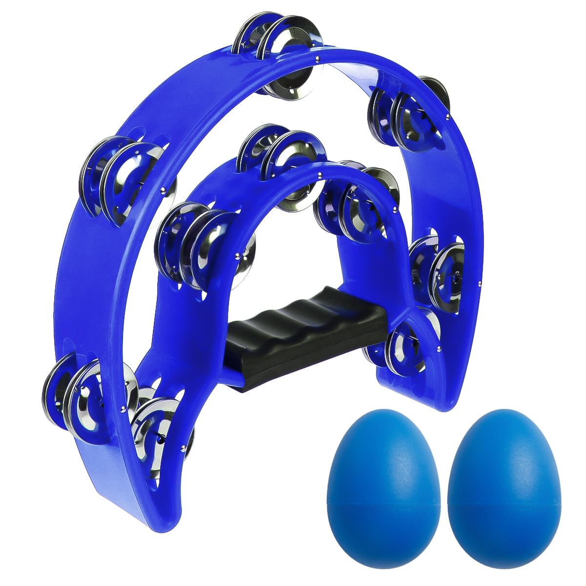 Photo 1 of ***ONLY HAND HELD PERCUSSION*** Half Moon Musical Tambourine Double Row Metal Jingles Hand Held Percussion Drum Multicolor and Egg Shakers for KTV Party with Ergonomic Handle Grip (Blue)