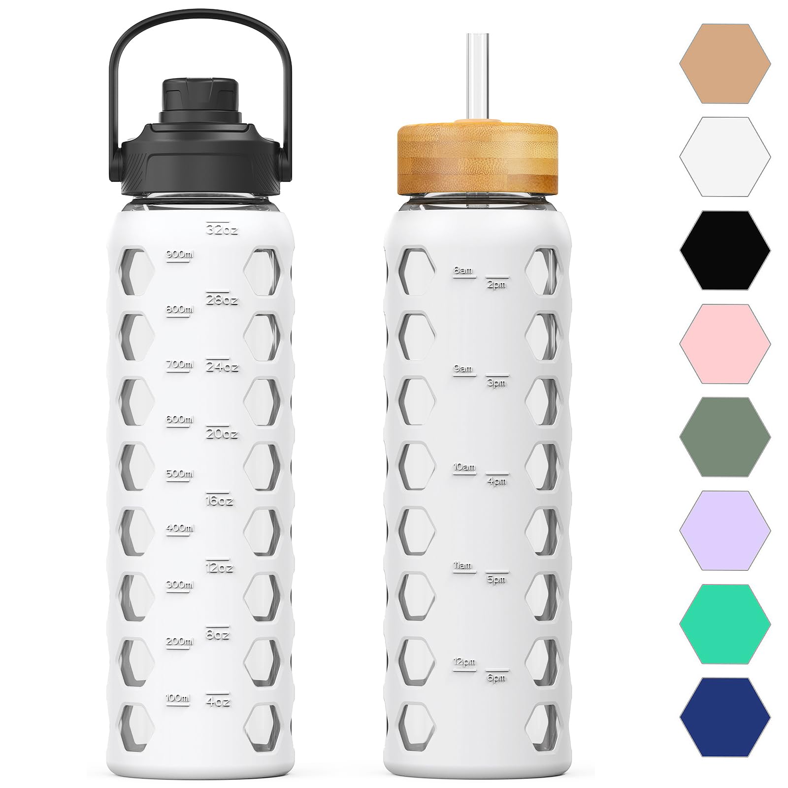 HYDRAGLAZIC 950ML Glass Water Bottle with 2 Flip and Bamboo Straw Lids Sports Water Tumbler with Time Reminder and Silicone Sleeve Leak-proof BPA Free, White