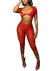 LETSVDO Women's Sexy Mesh Lace Jumpsuit Bodycon