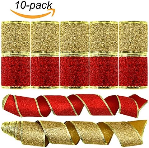 Shinybaby Decorations Wedding Ribbon, Wired Edge Holiday Shimmer Fabric Glitter Gift Wrapping Ribbons DIY Craft Wedding Decorations, 20 Yards (10 Roll x 2 yd) by 2inch, Gold / Red