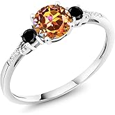 Gem Stone King 10K White Gold Ecstasy Mystic Topaz Black Diamond and White Diamond Accent 3-Stone Engagement Ring For Women (1.17 Cttw, Round 6MM, Gemstone November Birthstone)
