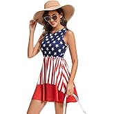 ACMOLIN American Flag Star Vertical Striped Splicing Ruffled Mini Dress Womens 4th of July Sleeveless Dress with Pockets