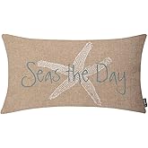 EKOBLA Square Throw Pillow Covers Beach Ocean Coastal Orange Black Blue Starfish Sea Life Animal Cotton Linen Cushion Case for Sofa Couch 12x20 Inches