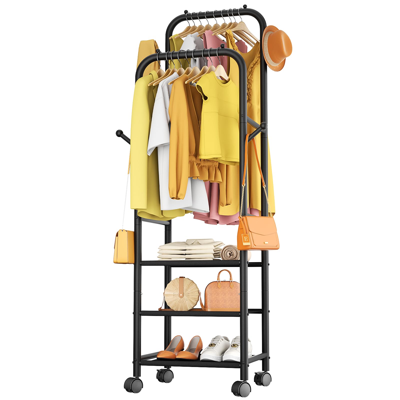 Photo 1 of Furologee Rolling Clothing Racks for Hanging Clothes, Double Rods Clothes Rack With Wheels, Sturdy Coat Racks,Portable Metal Garment Rack for Bedroom Laundry Living Room, Black