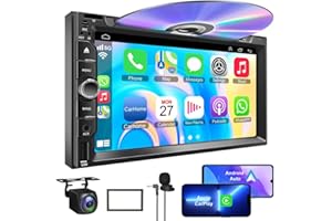 B4U Double Din car Stereo with CD/DVD Player- CarPlay & Android Auto, Car Audio with Bluetooth, 7 Inch HD Touchscreen, Rear Camera, USB/TF/AUX, Subwoofer, AM/FM Radio Receiver