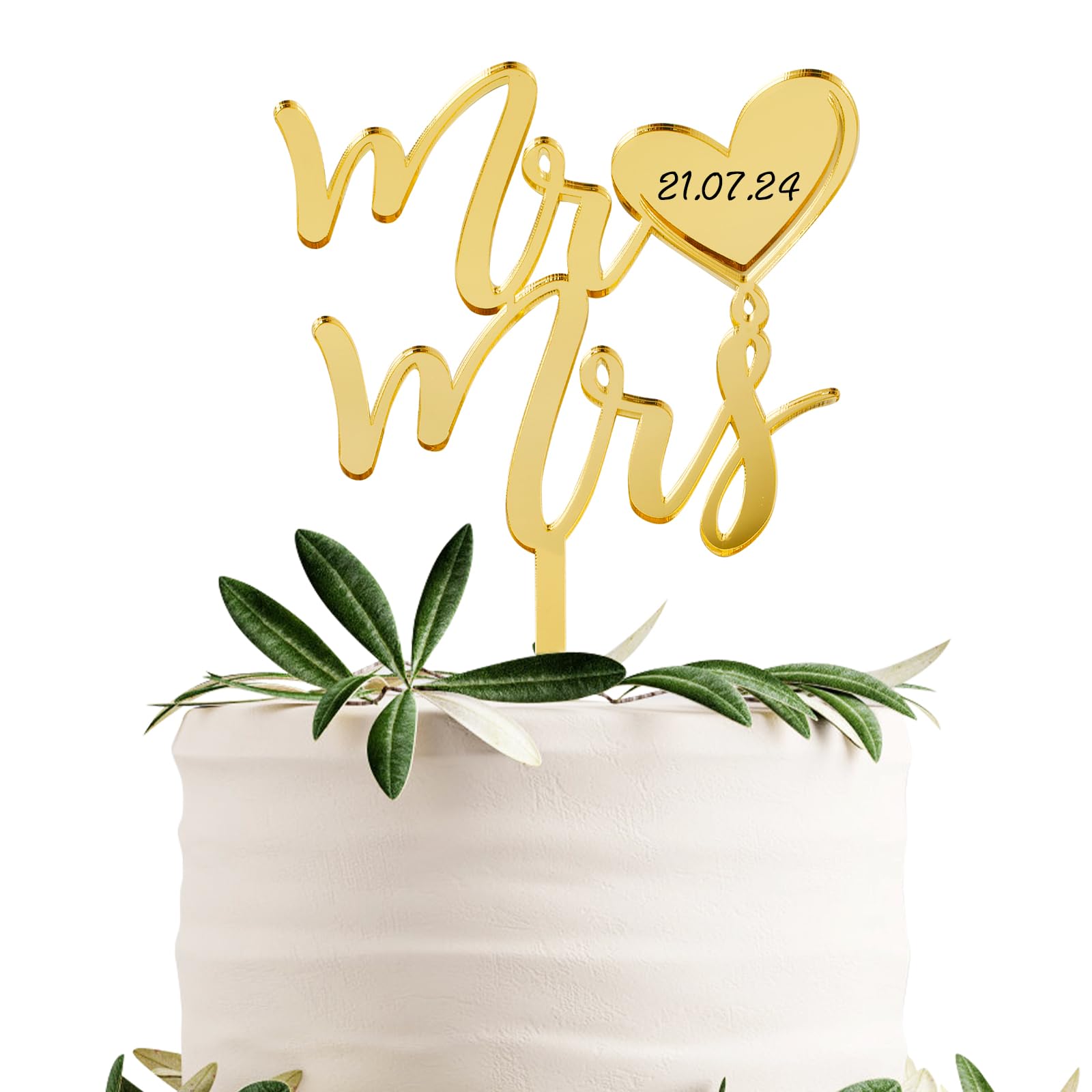BOOMTOP Mr & Mrs Cake Topper - Gold Acrylic Mirror Love Heart Wedding Engagement Bridal Shower Anniversary Party Cake Decoration