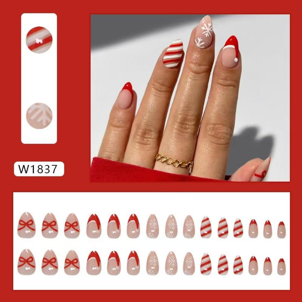 Christmas Press on Nails Medium Almond Fake Nails Snowflake False Nails with Christmas Hat Design Nude Glue on Nails Glossy Acrylic Full Cover Bowknot Stripe Stick on Nails for Women Manicure 24Pcs - Image 2