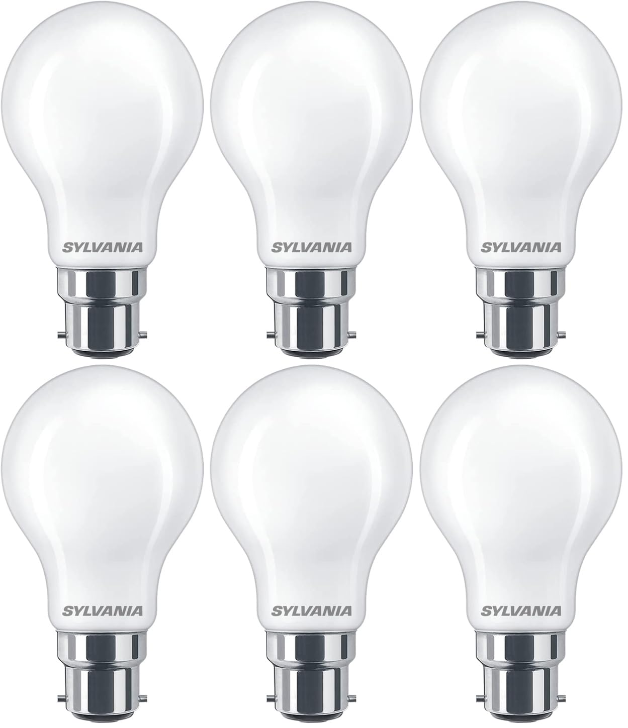 SYLVANIA B22 Frosted LED Light Bulbs, Bayonet BC, 4.5W, 470 Lumens, 40W Equivalent, Warm White 2700K, Non-Dimmable, A60 GLS, Energy Saving- 6 Pack