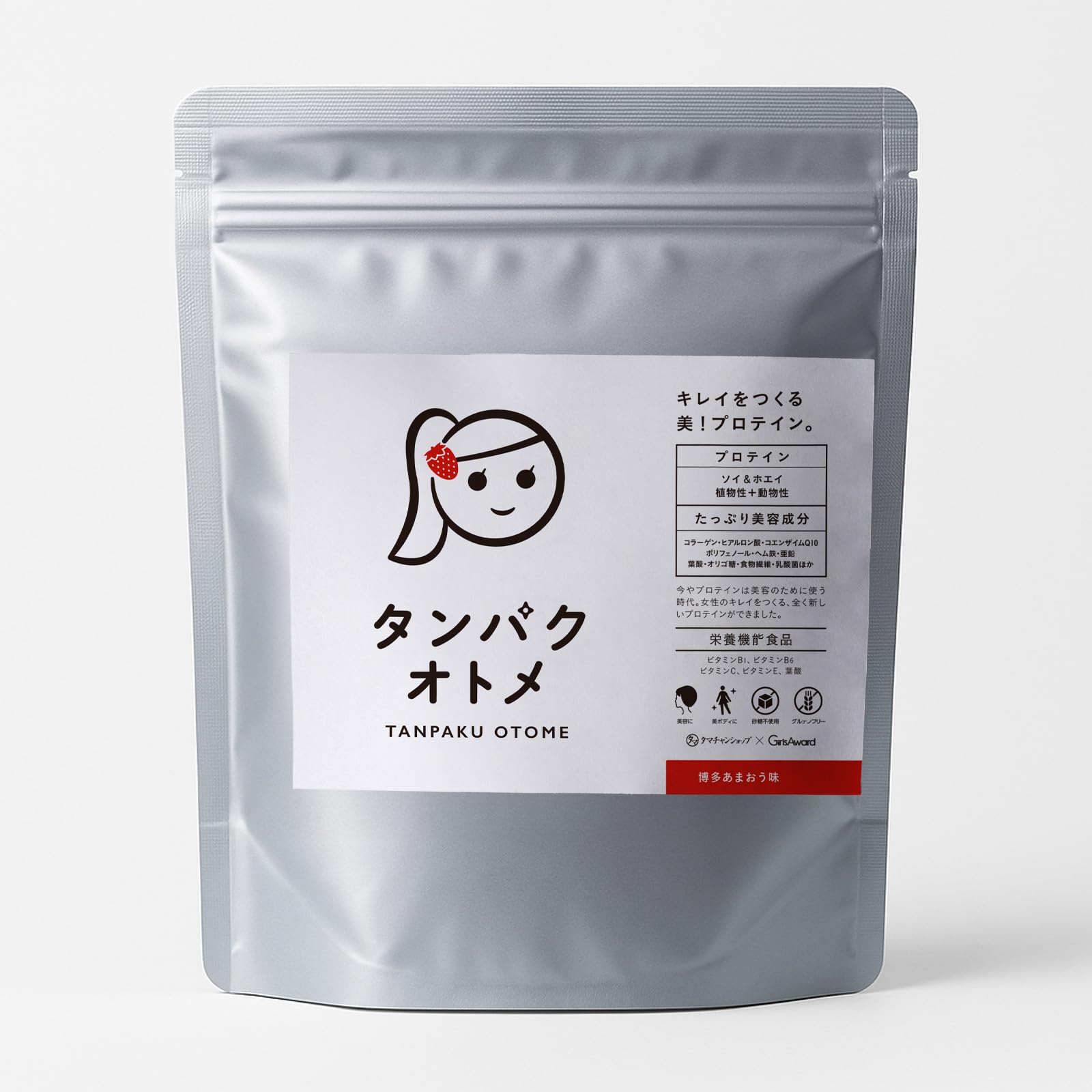 タマチャンショップ タンパクオトメ 博多あまおう 260g Wプロテイン（ホエイ＆ソイ） 栄養機能食品 低カロリー 人工甘味料・保存料不使用 国内製造 いちご風味商品画像