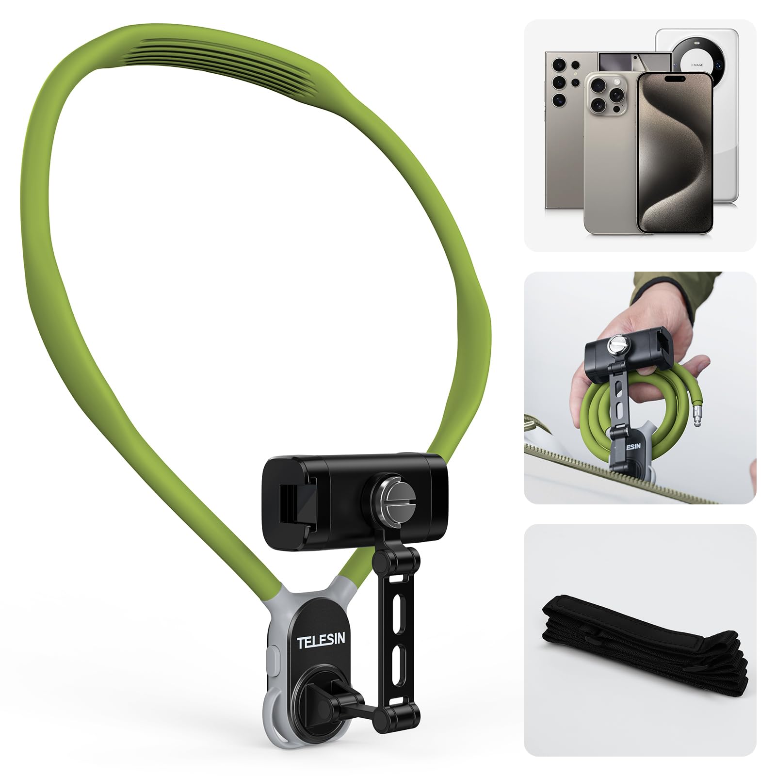 TELESIN° Neck Phone Holder POV/Vlog Neck Mount for Phones with Phone Clip, Hands Free Phone Neck Holder w Chest Strap Neck Selfie Mount Video Recording for iPhone Samsung Google Pixel (Green)
