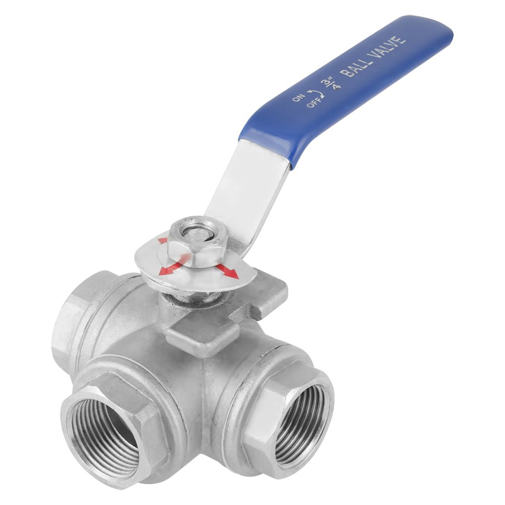 Full Port 3-Way Ball Valve 304 Stainless Steel 3/4" NPT Female Thread with Handle for Water, Oil, Gas