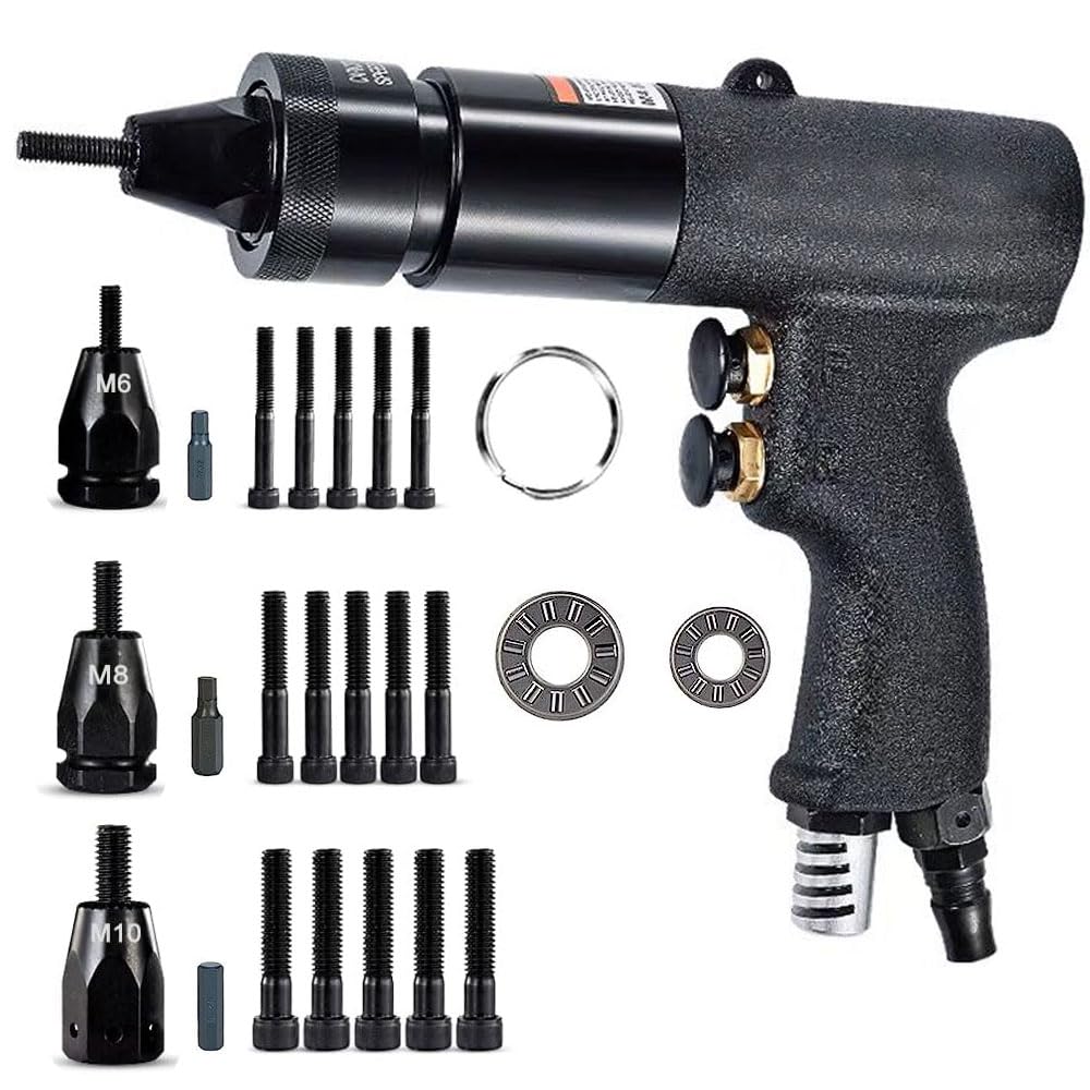 Seababyhouse Pneumatic Rivet Nut Gun Tool, M6 M8 M10 Heavy Duty Adjustable Speed Air Rivet Gun with Mandrels Riveting Gun Kit Riveter Set Pull Rivnut Gun