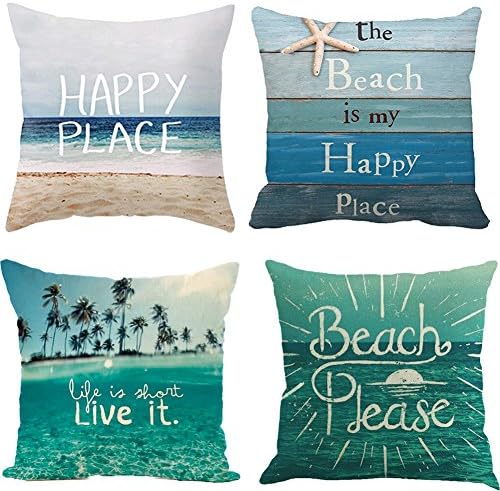 Qinqingo Pillow Covers 18 x 18 inch Summer Beach Decoration Throw Pillow Case Cotton Linen Words Lettering Cushion Cover Sofa Home Decor (Set of 4)